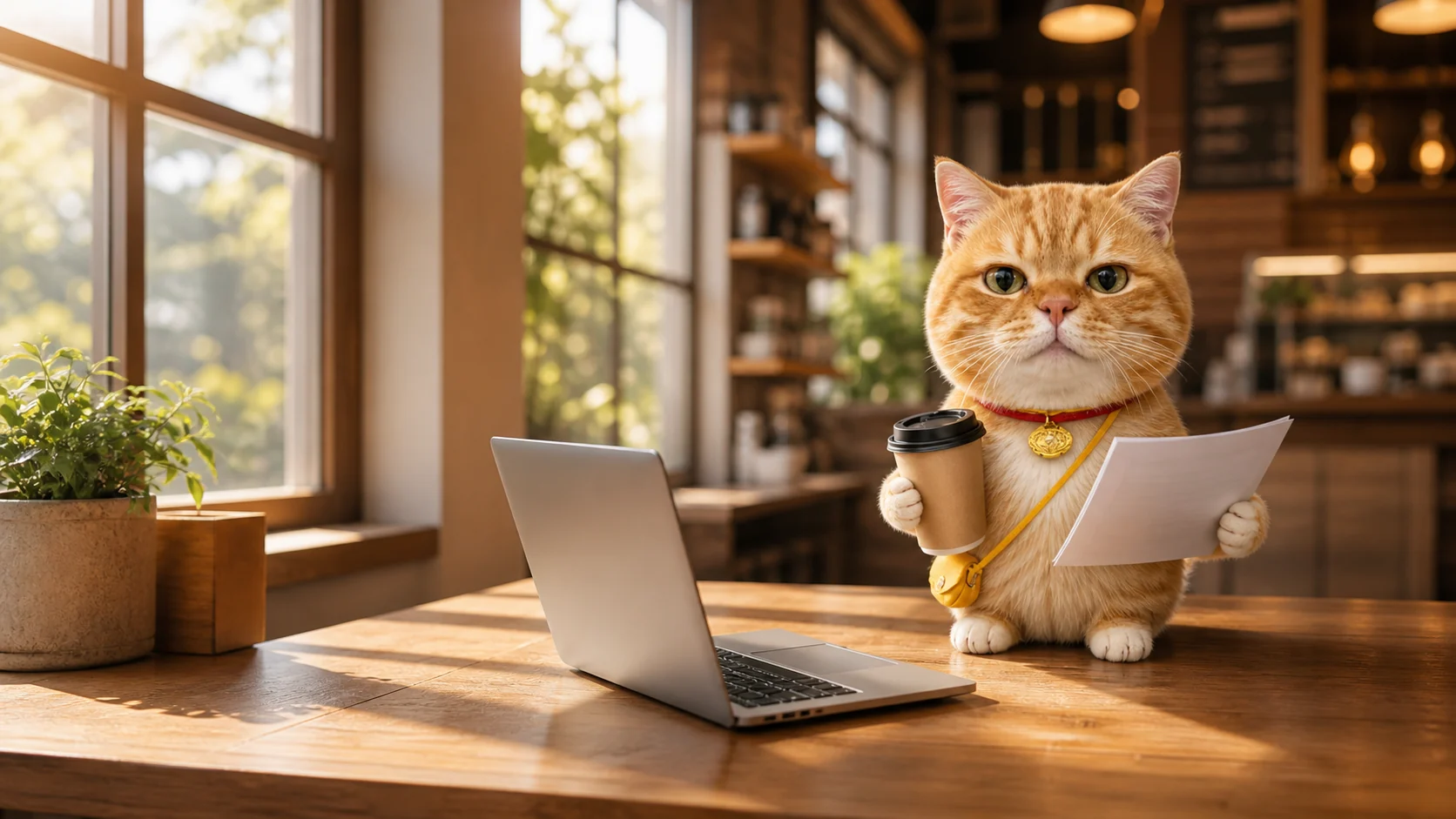 Freelancer Cat reviewing a brief at a cafe