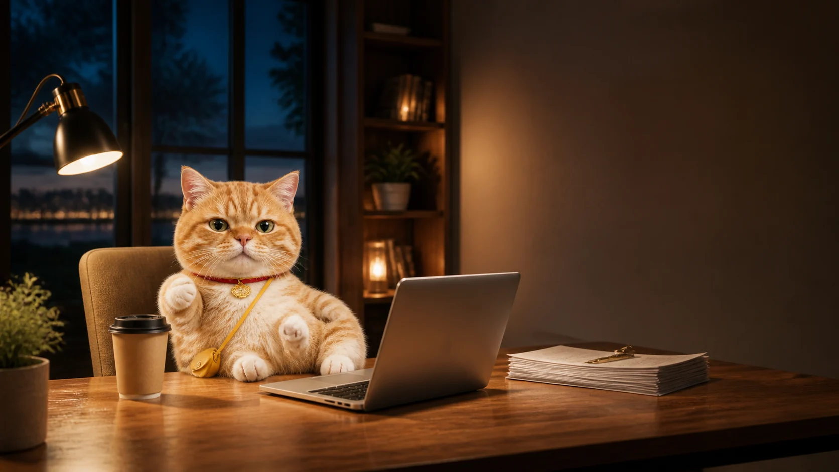 Freelancer Cat at a calm evening desk